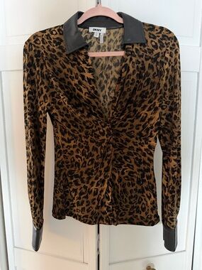 DKNY Leopard-Print Long Sleeve Twist Top with Black Faux-Leather Trim
